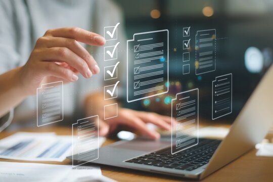 Document management concept, Businesswomen check electronic documents on digital documents on virtual screen Document Management System and process automation to efficiently document paperless operate