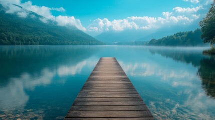 Fototapeta premium Wooden Dock Extending Into Serene Mountain Lake