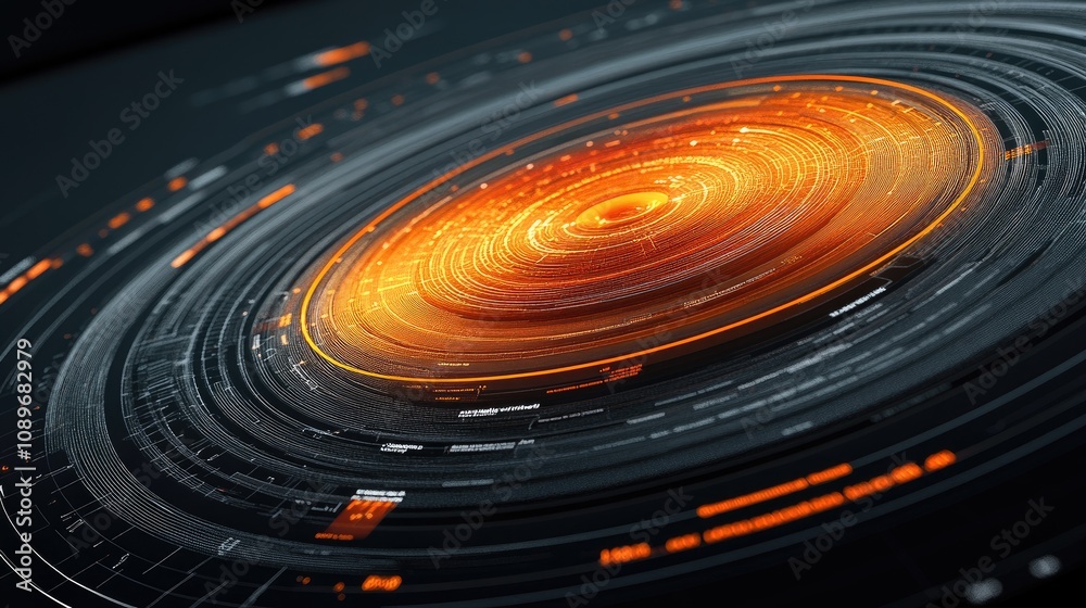 Poster abstract digital artwork of a glowing circular pattern with intricate lines and illuminated elements