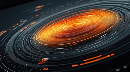 Abstract Digital Artwork of a Glowing Circular Pattern with Intricate Lines and Illuminated Elements in Orange and Black Background for Modern Designs