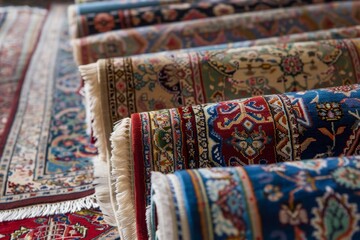 Colorful rolled rugs displayed for sale in a market showcasing traditional craftsmanship and intricate designs