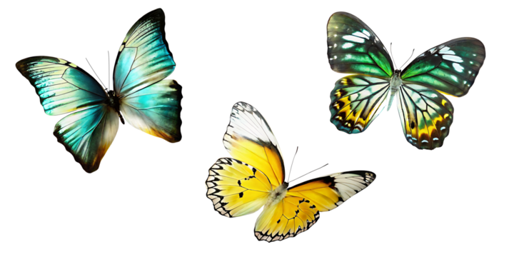 set of beautiful blue green yellow butterfly isolated on white background.AI GENERATED