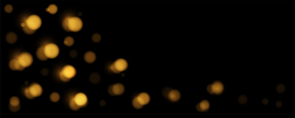Vector horizontal banner many Golden bokeh circles, golden particle on black background. Yellow and Orange light circular design banner. Background with copy space.