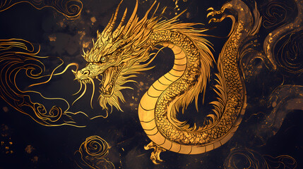 An image of legendary golden dragon breathing fire. Golden Dragon Myth. Illustration