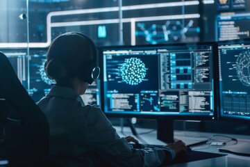 Cybersecurity expert analyzing complex data patterns in a modern control room during late night hours