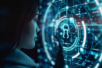 A young woman interacts with a digital security interface while exploring technology in an advanced city environment at night