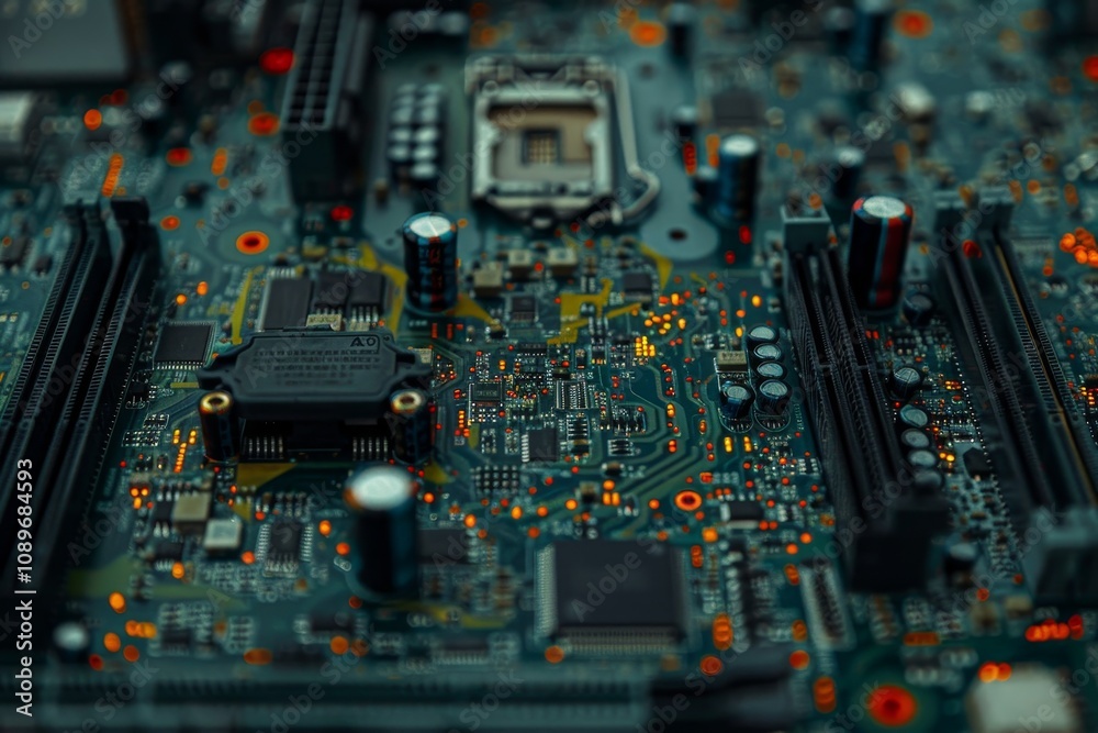 Poster close-up view of a complex computer motherboard showcasing intricate circuits and components in a di