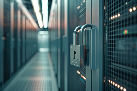 A secured server room with padlocks on data storage units, showcasing a focus on cybersecurity and data protection practices in modern facilities