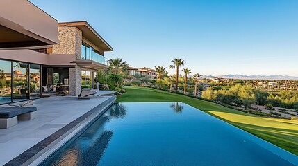 Fototapeta premium Modern luxury home with infinity pool overlooking a scenic golf course and desert landscape.