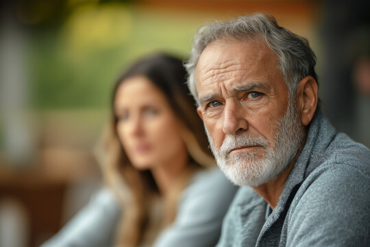 Caucasian man with Alzheimer's, dementia, with sad expression, family member in background
