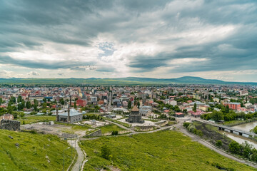 Obraz premium Aerial photo of the city center with mosques and houses. General view of Kars. Kars, Turkey.