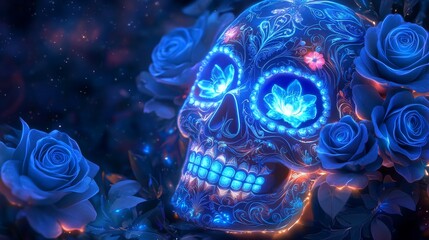 Illuminated Sugar Skull Amidst Blue Roses and Flora