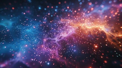 Abstract background with blue and orange nebulae and sparkling dust.