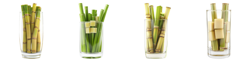 Obraz premium Glass of sugar cane isolated on transparent background, Set of