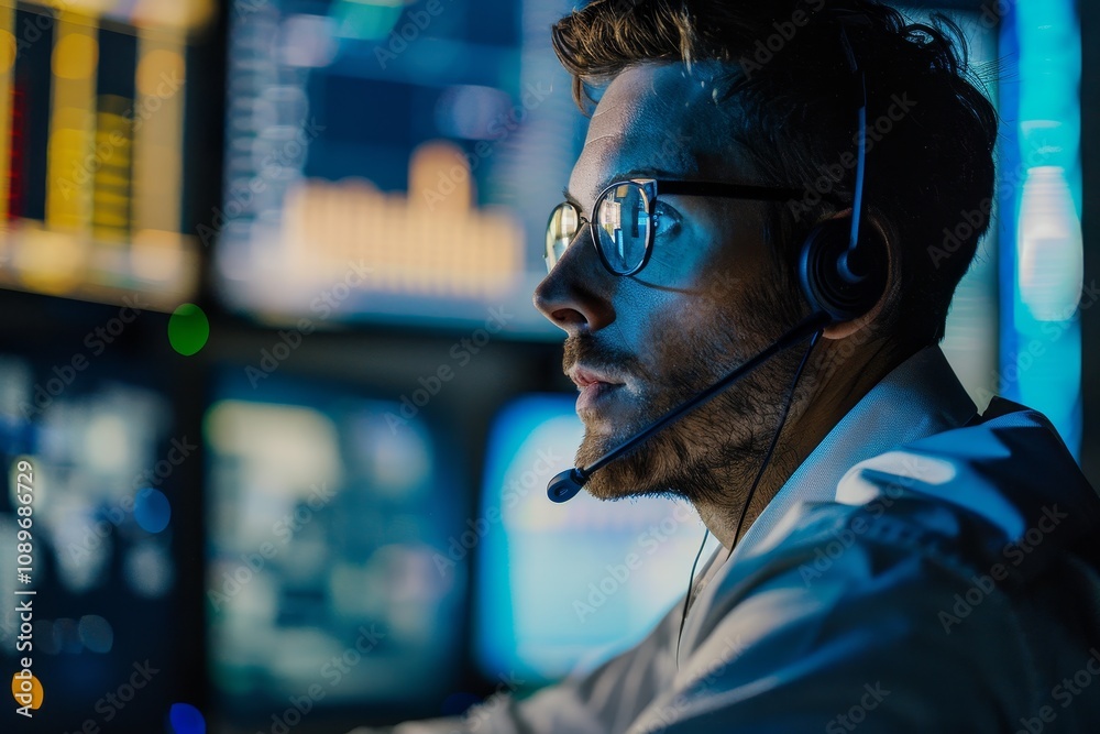 Poster dedicated analyst monitoring data trends in a tech hub at night with multiple screens displaying fin