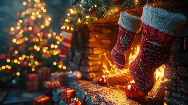 Cozy Christmas fireplace with stockings