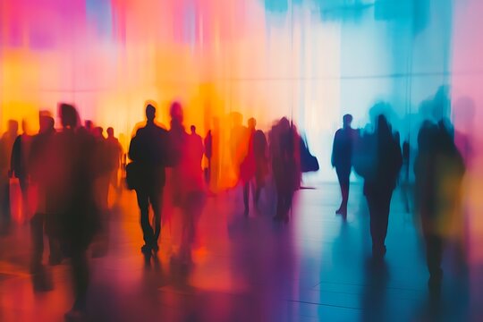 Blurred silhouettes of conference attendees in a bright corporate setting