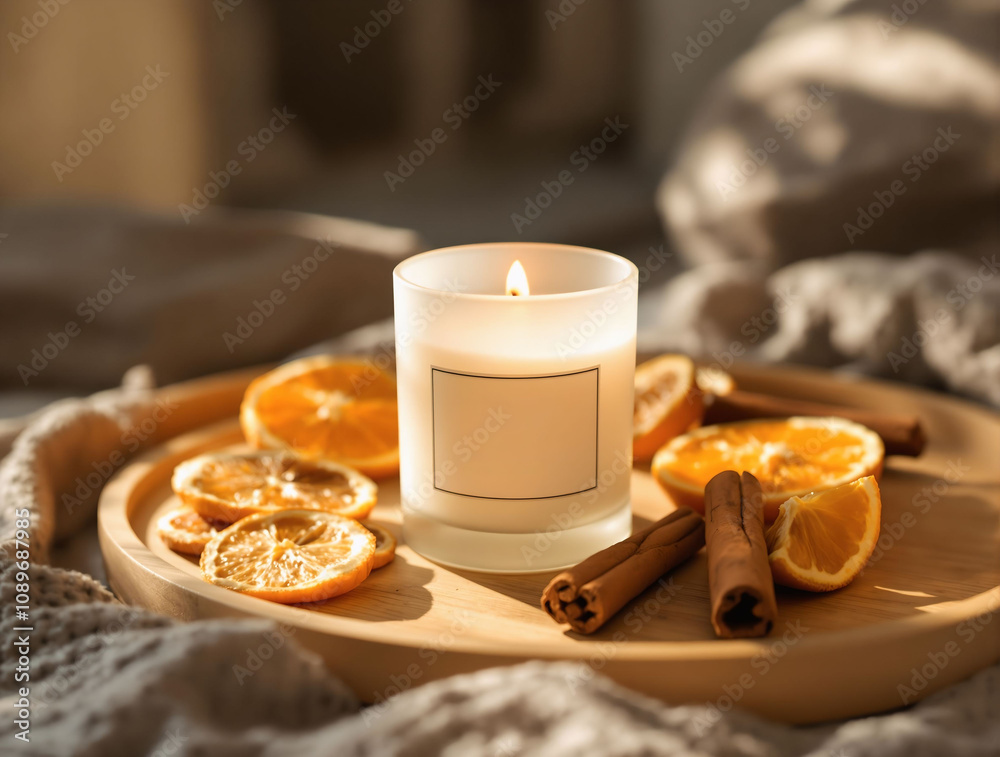 Aufkleber a close-up of a handmade soy wax candle in a frosted glass jar, surrounded by dried citrus slices an