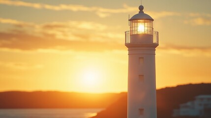 Lighthouse sunset ocean coast.