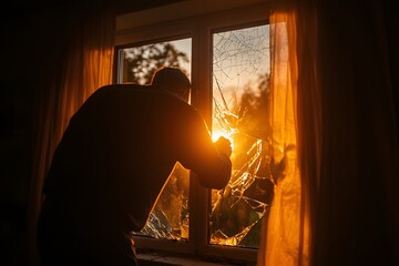 Thief climbing through a broken window, depicted in a tense, dramatic moment, capturing the stealth and urgency of a break-in during a nighttime scene.