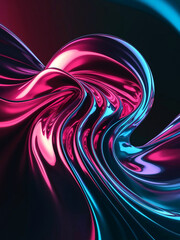 Abstract digital artwork with wave-like forms in dynamic shades of pink purple and blue. The glossy metallic texture and dark gradient background enhance the sense of energy.