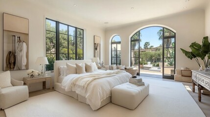 Bright and Spacious Modern Bedroom with Elegant Decor, Large Windows, and Natural Light Opening to a Tranquil Outdoor Space Surrounded by Lush Greenery
