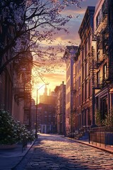 Fototapeta premium New york city manhattan soho street at sunset time background.