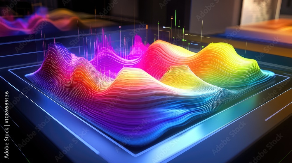 Poster vibrant multicolored sound wave visualization representing audio frequency patterns in a futuristic 