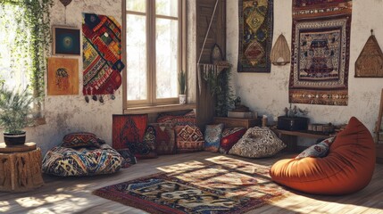 Sunlit bohemian room with rugs, pillows, and tapestries.