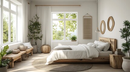 Fototapeta premium Beautiful Colored Mockup Bedroom Interior Blank Poster Decoration Art Background Image, generative AI