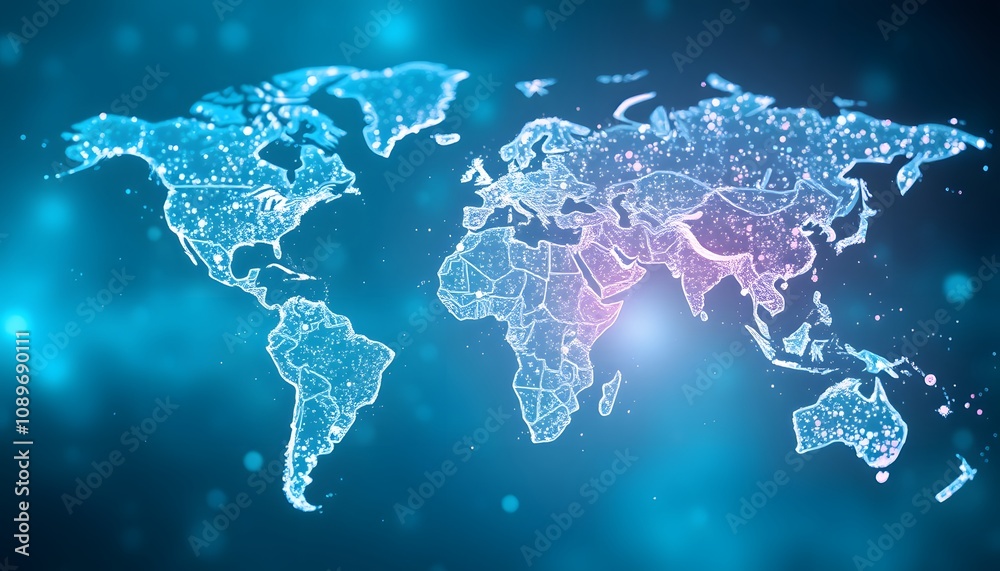 Poster A Stunning Visualization of a World Map Gradually Dissolving into Particles with Glowing Effects for Artistic and Educational Uses
