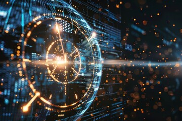Obraz premium Digital futuristic interface with glowing elements and data patterns representing advanced technology and data visualization