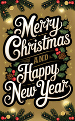 Obraz premium Merry Christmas and happy new year wishes greeting card template, tree decorated with lights, design illustration wallpaper 