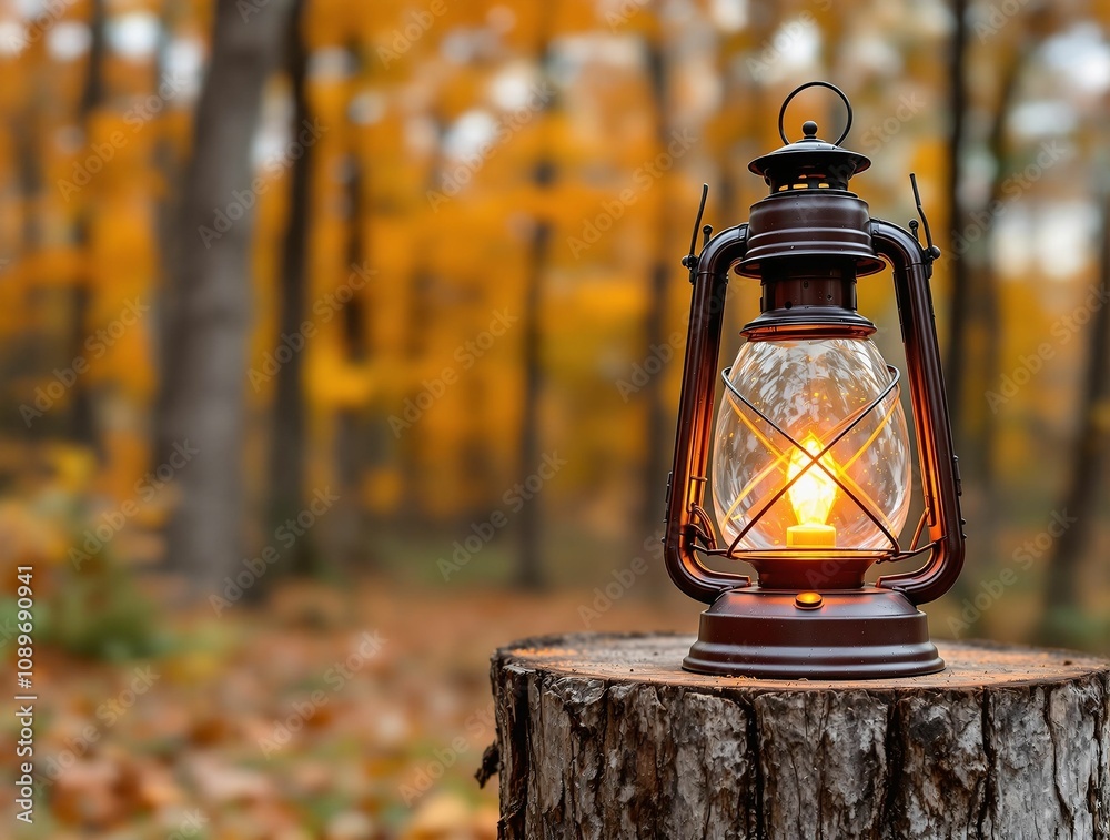 Aufkleber rustic lantern glowing warmly, placed on a tree stump with a blurred autumn forest in the background
