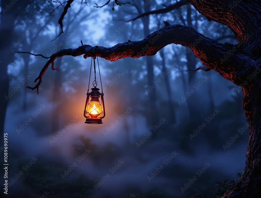 Poster candlelit lantern hanging from an old tree branch, surrounded by swirling mist in a twilight forest