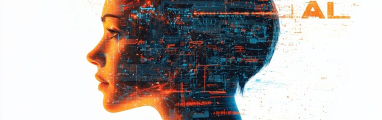 Obraz premium Futuristic AI head in colorful line art with tech elements
