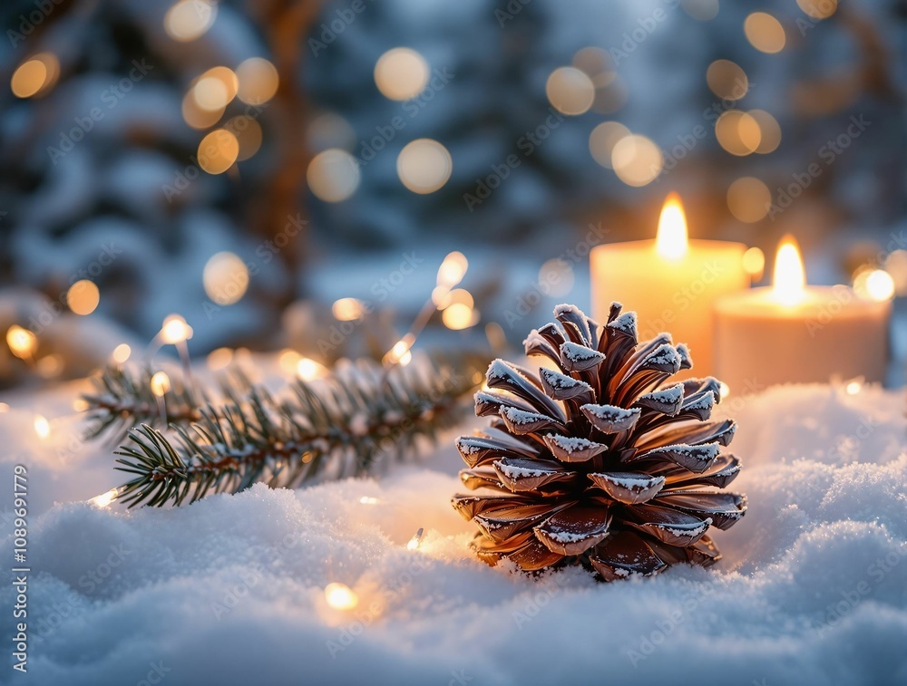 Aufkleber a frosted pinecone resting on a bed of snow, surrounded by glowing fairy lights and soft candlelight