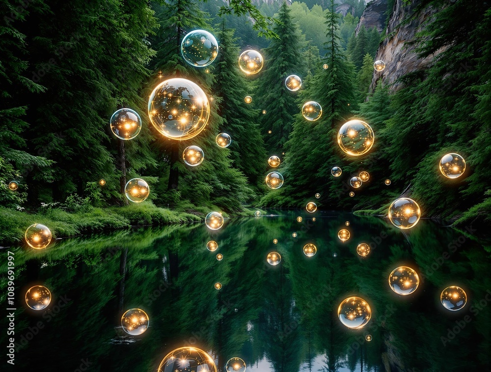 Poster magical glowing orbs floating above a reflective lake, surrounded by dense forest trees