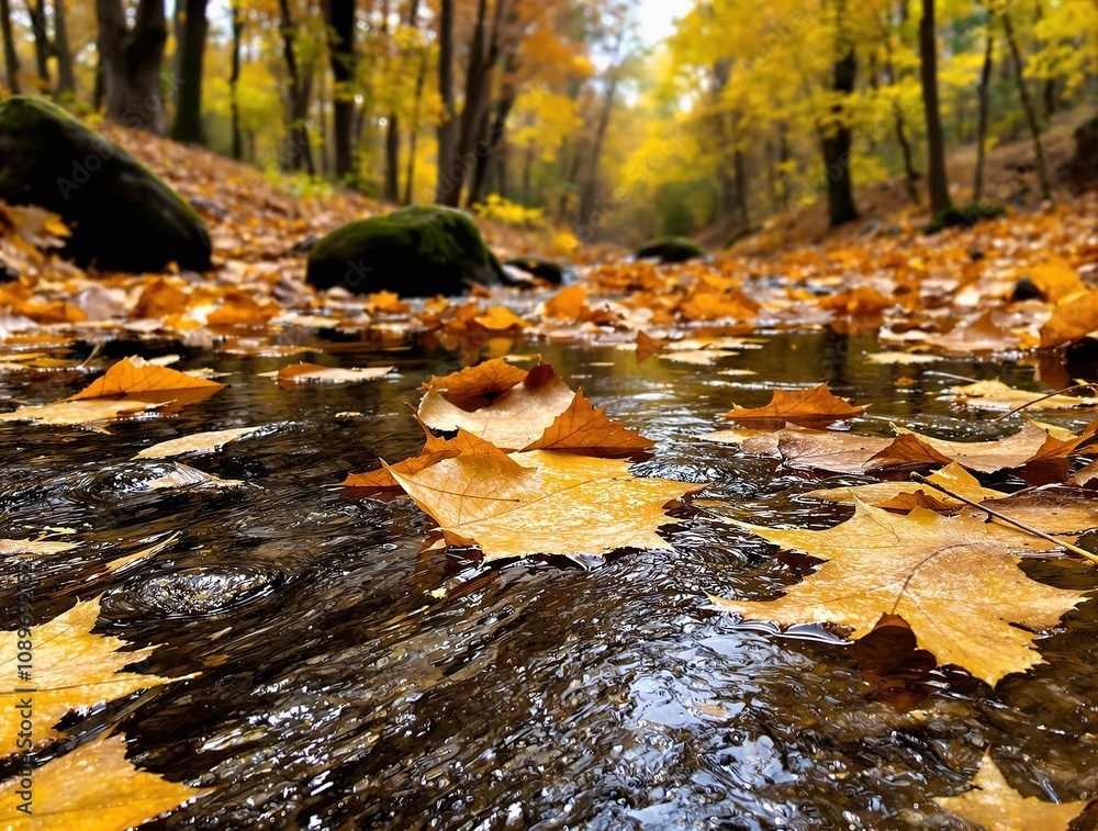 Poster fallen golden leaves floating on a sparkling creek, surrounded by blurred forest scenery