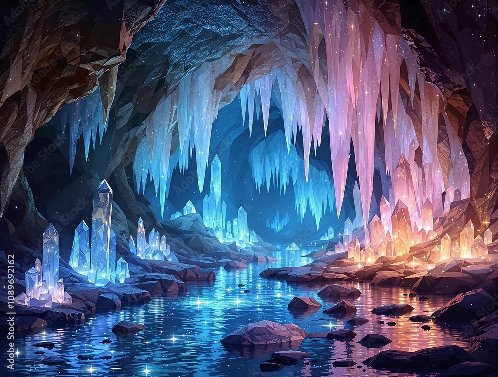 Poster A shimmering crystal cave with glowing stalactites and a stream reflecting ethereal light