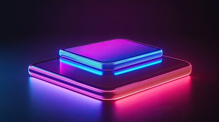 Neon glowing platform, purple, blue, pink, dark background.