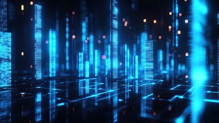 Abstract digital city glowing with blue light and data streams.