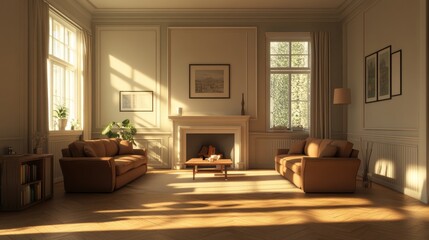 Fototapeta premium Sunlit living room with classic fireplace and sofas.