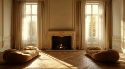 Fototapeta premium Sunlit living room with fireplace and plush seating.