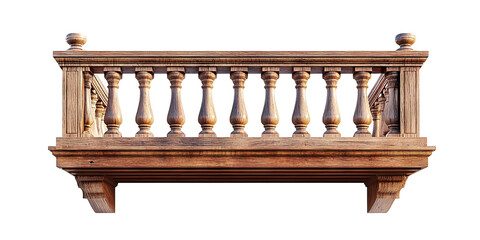 Decorative wooden balcony with classic railing design, isolated on transparent cutout background