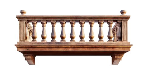 Decorative wooden balcony with classic railing design, isolated on transparent cutout background