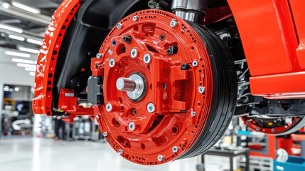 Close-Up of Red Truck Wheel Assembly in Modern Automotive Workshop