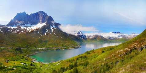Scenic mountain landscape with lake in summer. North Norway islands, arctic polar area.