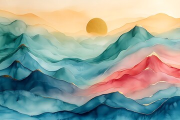 Abstract painting of mountains at sunset with gold accents