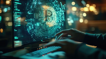 Fototapeta premium Hacker mining cryptocurrency on computer.